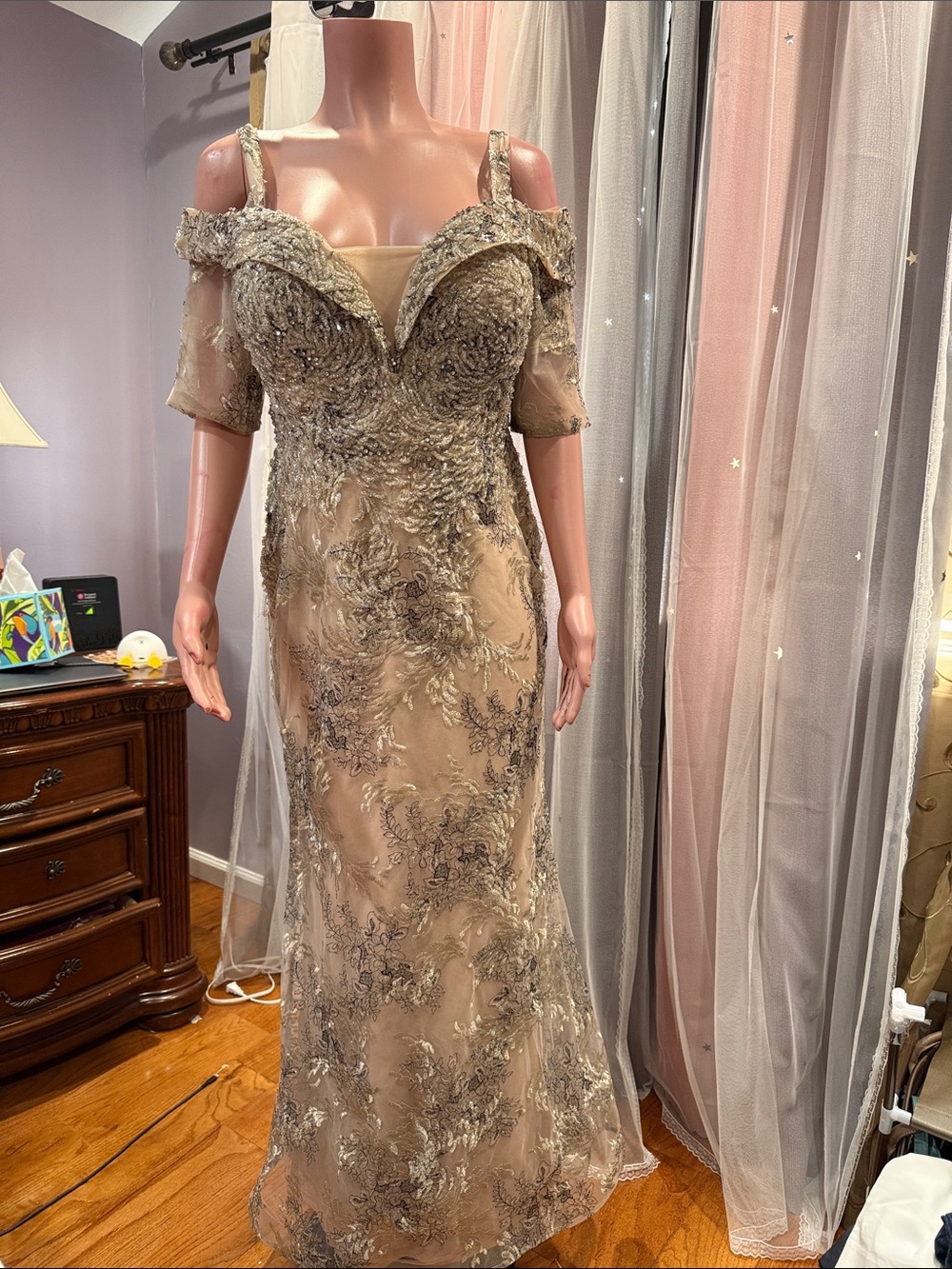 Montage by Mon Cheri Taupe Embroidered Off-Shoulder Gown